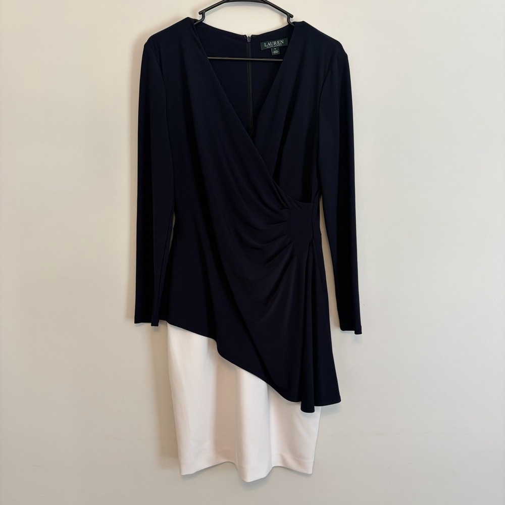 Lauren Ralph Lauren Sz 8 Blue Ivory Jersey Sheath Dress Party Cocktail Business